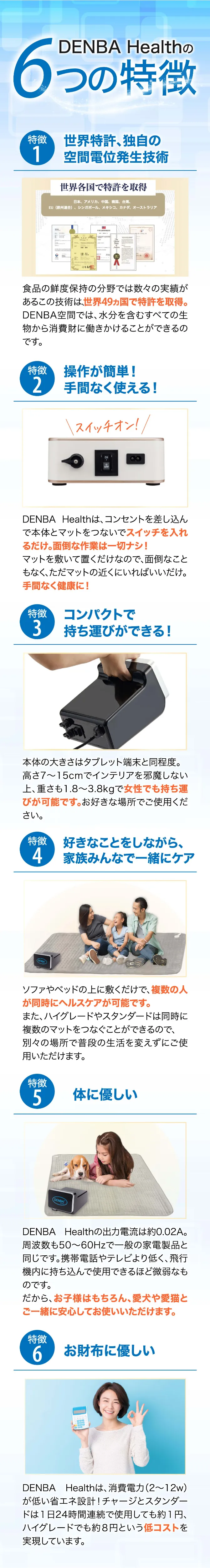 DENBA Healthの6つの特徴。世界特許を取得した独自の空間電位発生技術で、健康生活をサポート。