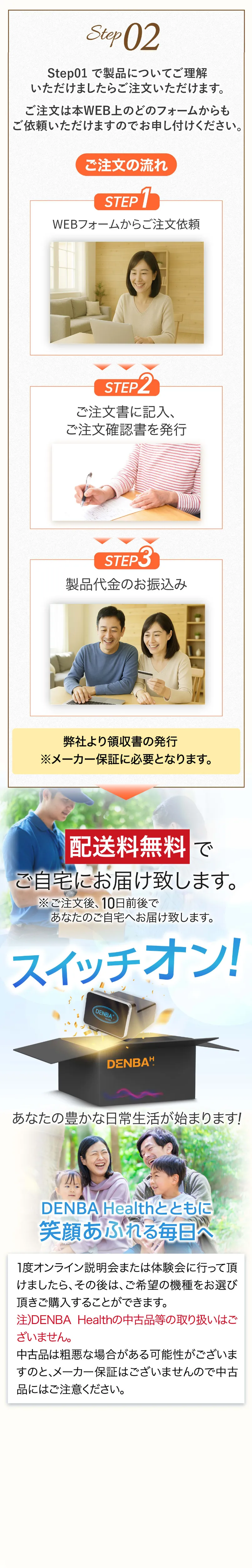 DENBA Health ご注文の流れ。STEP1 ご注文依頼、STEP2 注文書記入と確認書発行、STEP3 製品代金振込。送料無料で自宅配送、メーカー保証付き。
